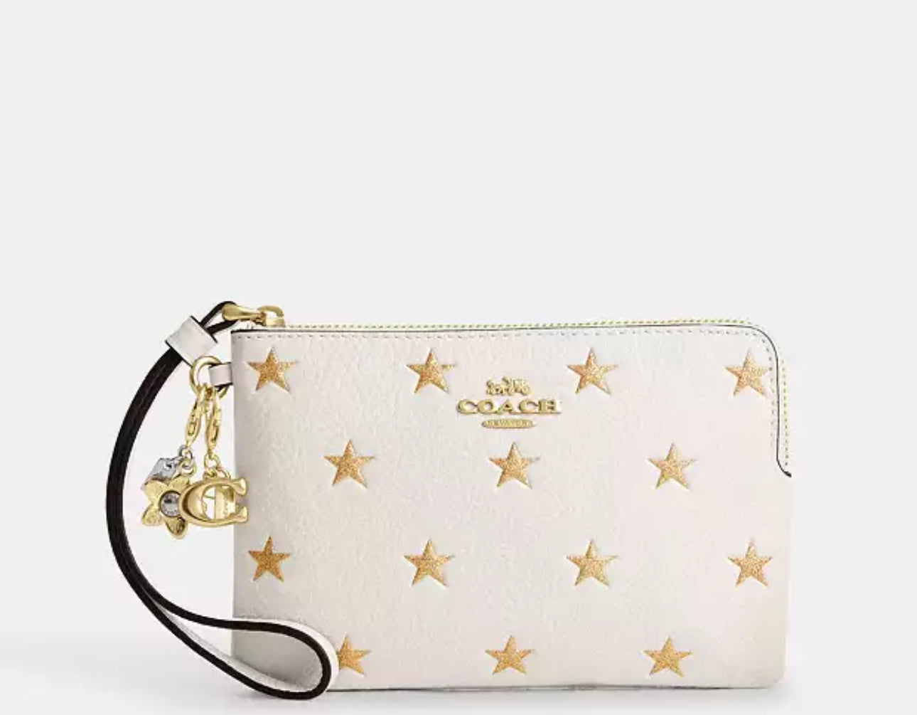 Boxed Corner Zip Wristlet With Star Print And Charms