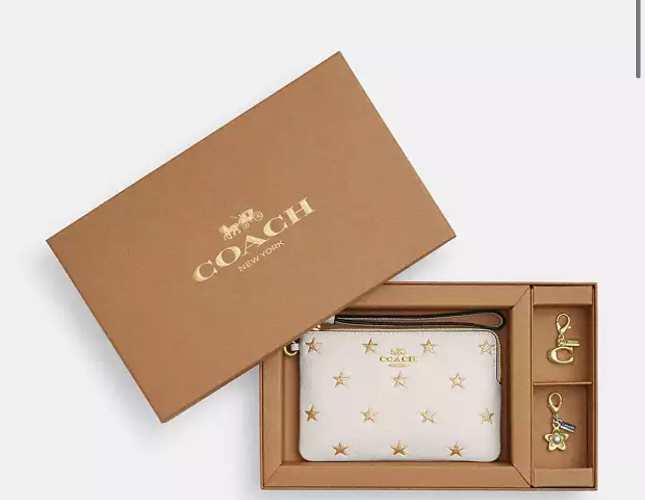 Boxed Corner Zip Wristlet With Star Print And Charms
