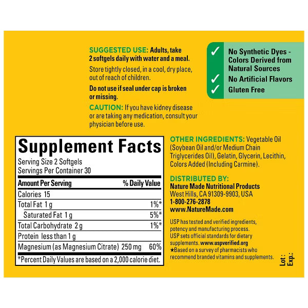 Nature Made Magnesium Citrate 250 mg per serving, Magnesium Supplement, Softgels, USP Verified - 60ct Pre orden